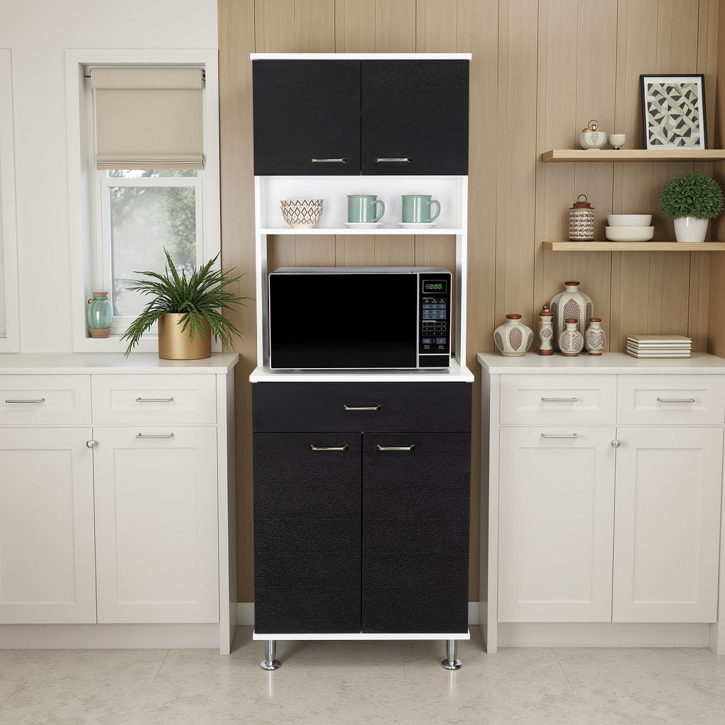 Tuhome - Mueble Para Microondas Kitchen-60 Blanco Y Wengue 169x60x35,1 Cm