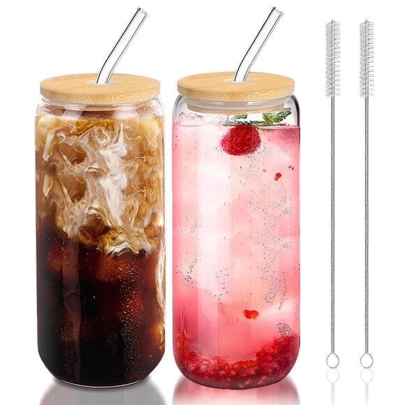 Vasos de vidrio DAMCONME de 600 ml con tapas y pajitas, 2 unidades para bebidas
