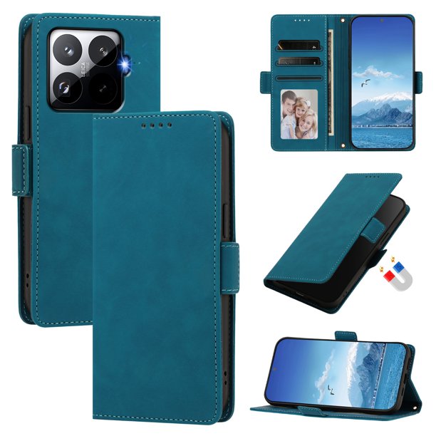 Funda Billetera Delgada para Xiaomi 15T Pro con Ranuras y Soporte Azul lago