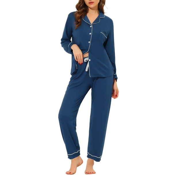 INSPIRE CHIC Pijama de mujer sensación modal suave Regreso a clases Manga larga con botones y solapa Ropa de dormir con pantalones elásticos primavera otoño XL Azul