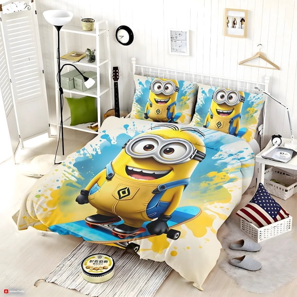 Minion Quilt Duvet Cover Set Double Soft Kids Bed Linen Bedding 3-Piece Bedding Set