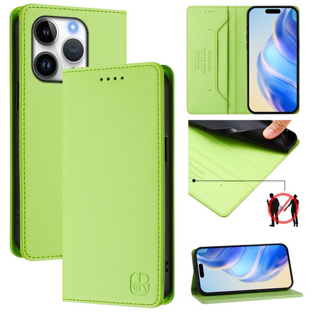 Funda Billetera con Soporte para iPhone 16 Pro Bloqueo RFID Plegable Verde claro