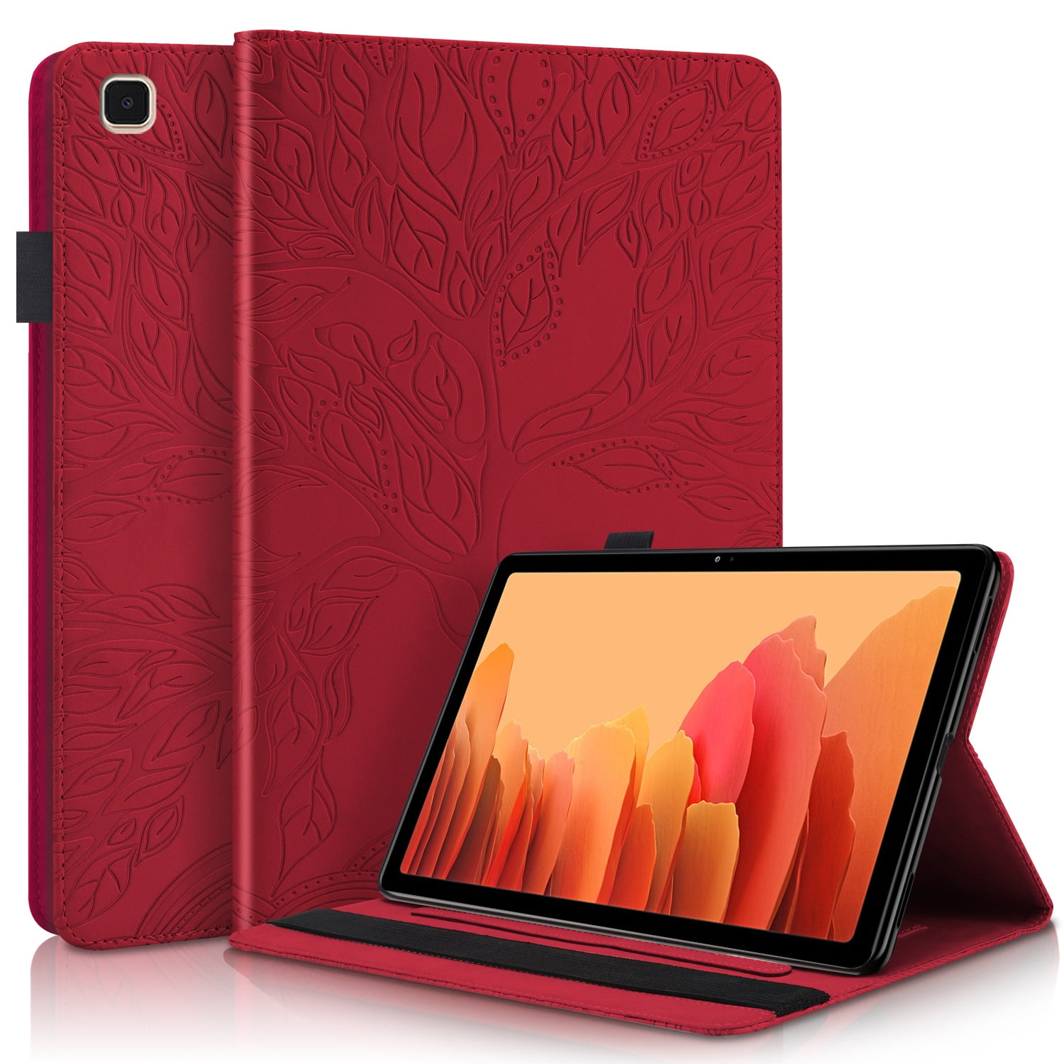 Foxdock - Funda Con Relieve Del Árbol De La Vida Para Tablet Samsung Galaxy Tab A7 Lite Con Soporte, Ranuras Para Tarjetas Y Soporte Para Lápiz Óptico. Rojo