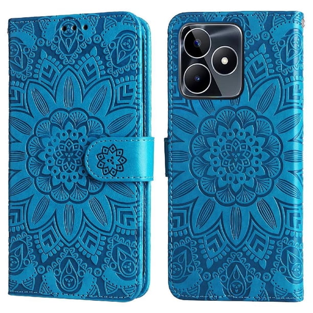Funda tipo cartera FOXDOCK para Realme C53 , diseño girasol en relieve, cuero PU, cierre magnético, soporte y tarjetero
