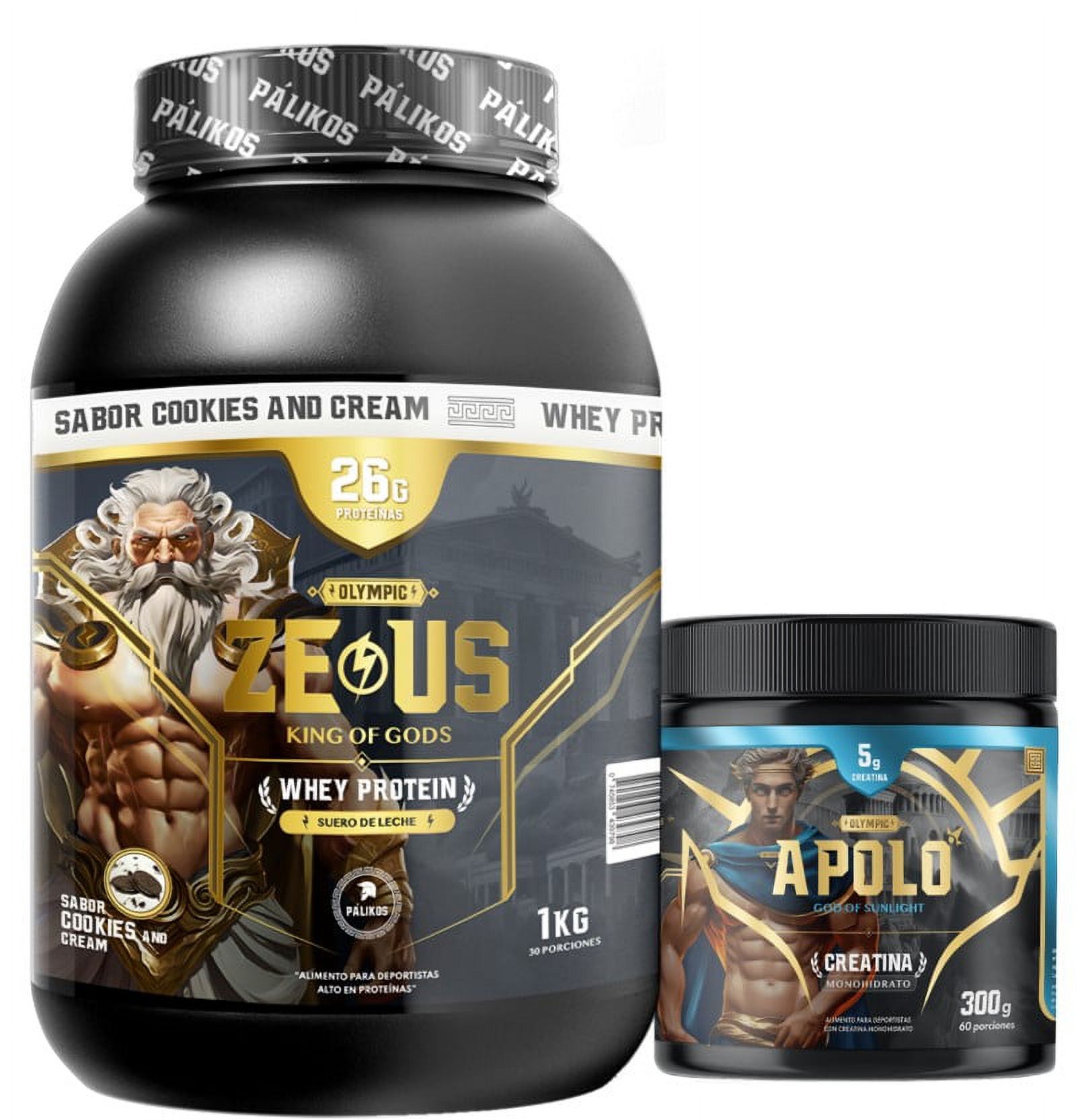 Palikos Fitness - Pack Guerrero 1Kg (Proteína Zeus 1Kg Cookies) + Creatina Apolo 300 G