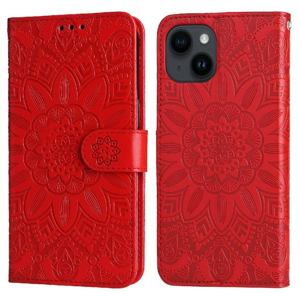 Funda tipo cartera FOXDOCK para iPhone 14 , diseño girasol en relieve, cuero PU, cierre magnético, soporte y tarjetero