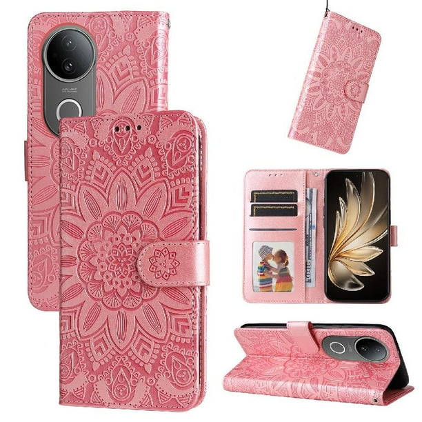 Funda tipo cartera FOXDOCK para Vivo S20 , diseño girasol en relieve, cuero PU, cierre magnético, soporte y tarjetero