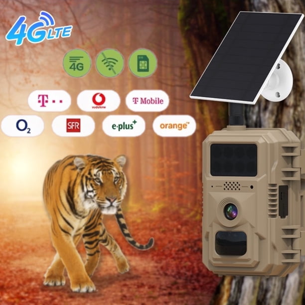  Cámara Celular de Sendero 4G LTE Cámara de Caza Juego Camuflaje Batería con Energía Solar, 4MP Resolución 2K, Visión Nocturna PIR de 70ft, Audio Bidireccional, Envía Fotos a Tu Teléfono para