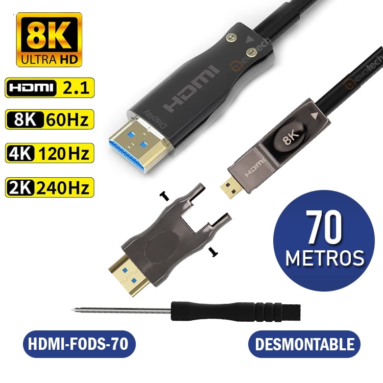 Evotech - Cable Hdmi 2.1 Fibra Optica 8k Conector Desmontable 70 Metros