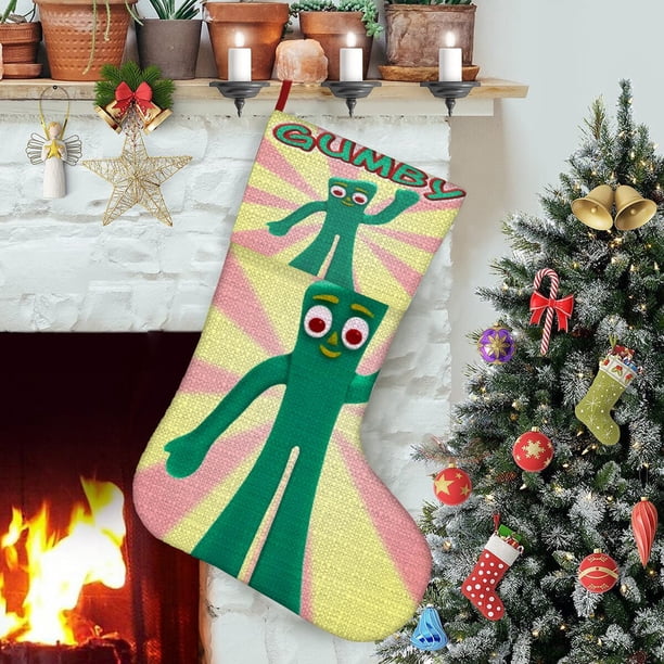 El Show de Gumby Tema: Calcetines de Navidad, fino lino blanco para colgar en escaleras y chimenea, decoración navideña para el hogar, regalo de Navidad. 45cm × 32cm