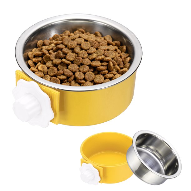 Uxcell Cuenco para Jaula de Perro, Comedero de Agua y Comida Antivuelco de Acero Inoxidable Desmontable para Jaula de Mascotas (Redondo, Amarillo, 13.2oz), Destinado para Cachorros/Gato/Conejo/Pájaro
