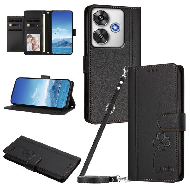 Funda Cartera Trébol para Xiaomi Poco F6 con Ranuras Tarjetas y Carga Inalámbrica Negro