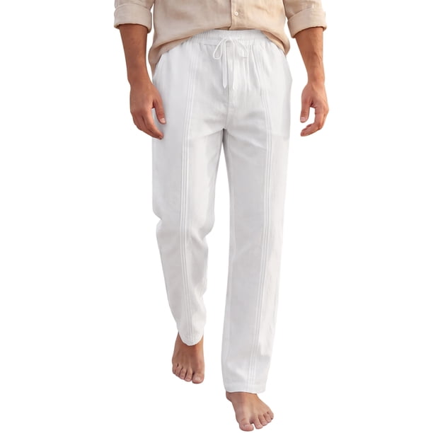 INSPIRE CHIC Pantalones de Lino Transpirables con Cordón y Textura a Rayas para Hombre, Ajuste Relajado, Talla 2XL, Blanco