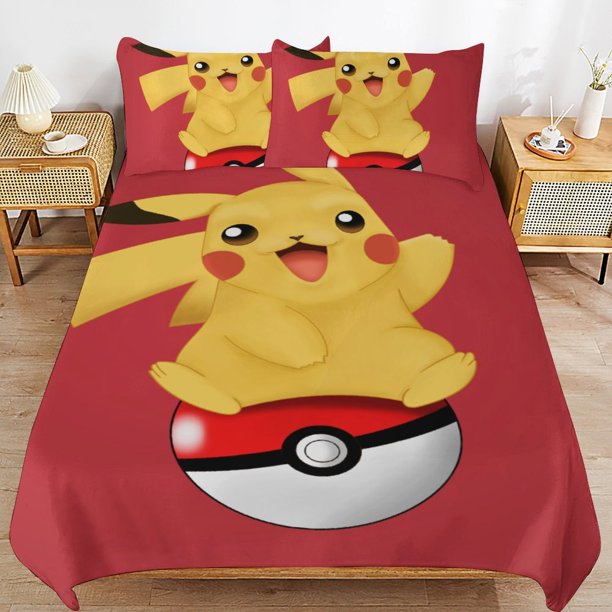 Pi-ka-chu Bed Duvet Cover Microfiber Bedding Sets 3D Printed Lightweight 3 Piece Comforter Sets for Kids Boys Girls