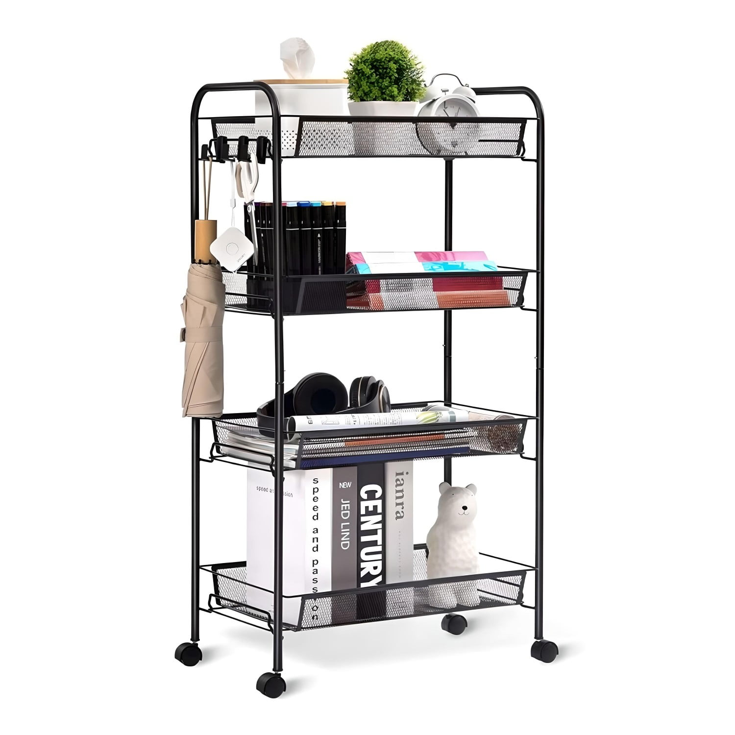 Prochef - Carro Organizador Multiuso Acero Negro 4 Bandejas Removibles