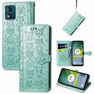 Funda Cartera Foxdock Para Moto E13 , Flip Pu Con Relieve De Gatos Y Perros, Tarjetero Y Soporte