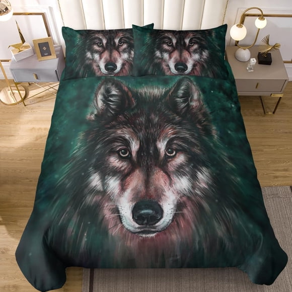 Moon Wolf Bedding Green Watercolor Forest Wolf Landscape Duvet Cover Sets 3 Pieces Wild Animal Bedding Set