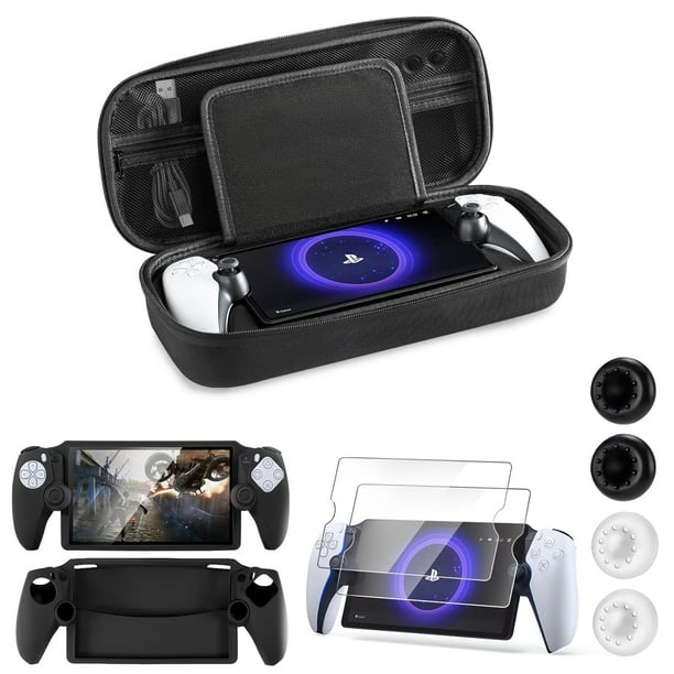 Funda de transporte rígida para PlayStation Portal Remote Player - Con 2 protectores de pantalla, 1 funda de agarre, 4 tapas de agarre del pulgar, cubierta exterior rígida para PS5 Portal-Negro