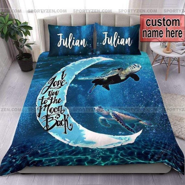 I Love You To The Moon And Back Turtle Custom Name Quilt Duvet Cover Set Kids3-Piece Bedding Set