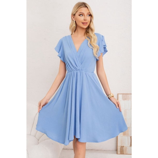 Vestido Midi Mujer Manga Corta Semi Formal Liso Colores 3398