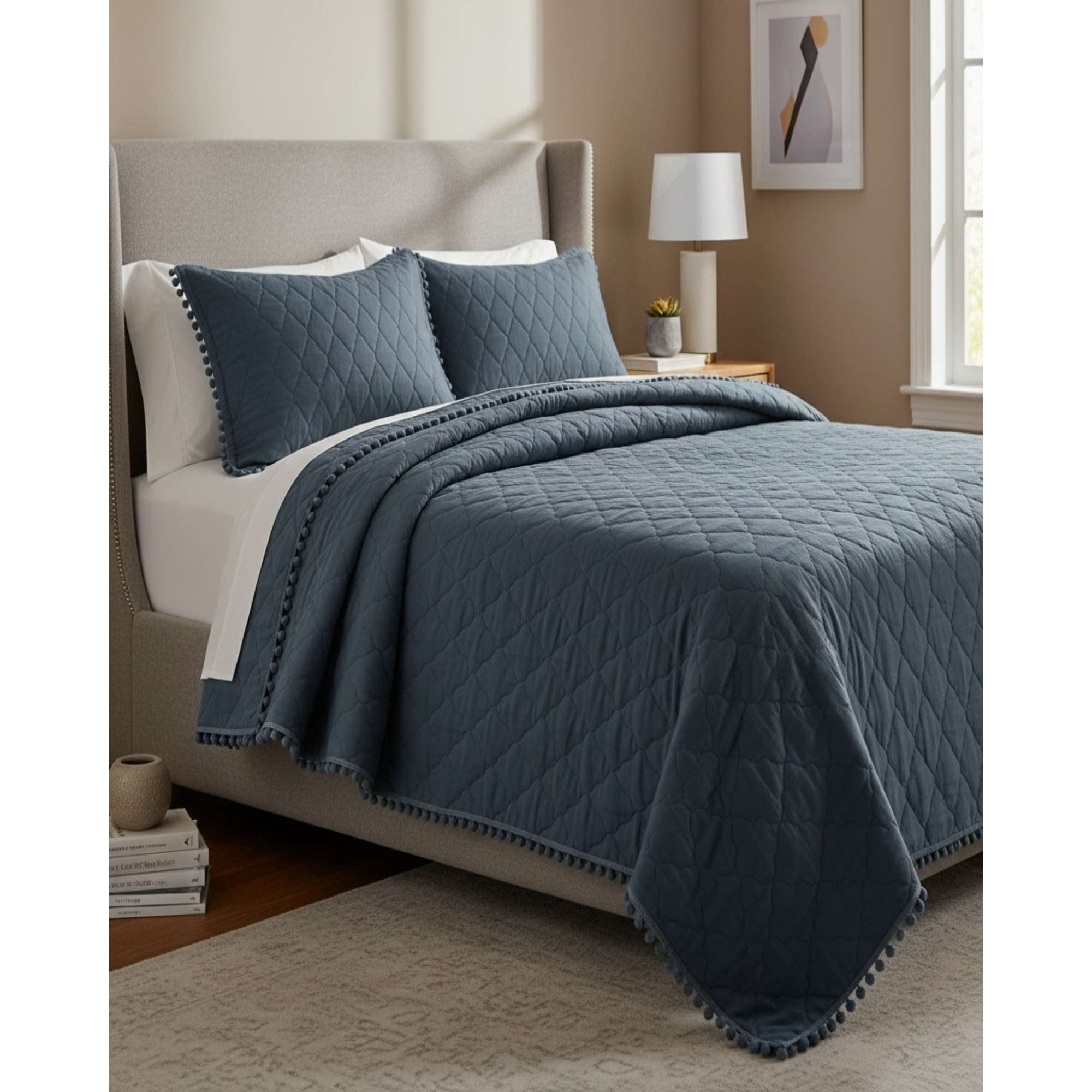 Imac Hogar - Quilt Premium Blanco Boho-chic Con Pompones 2 Plazas