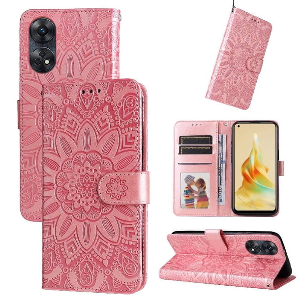 Funda tipo cartera FOXDOCK para OPPO Reno 8T 4G , diseño girasol en relieve, cuero PU, cierre magnético, soporte y tarjetero