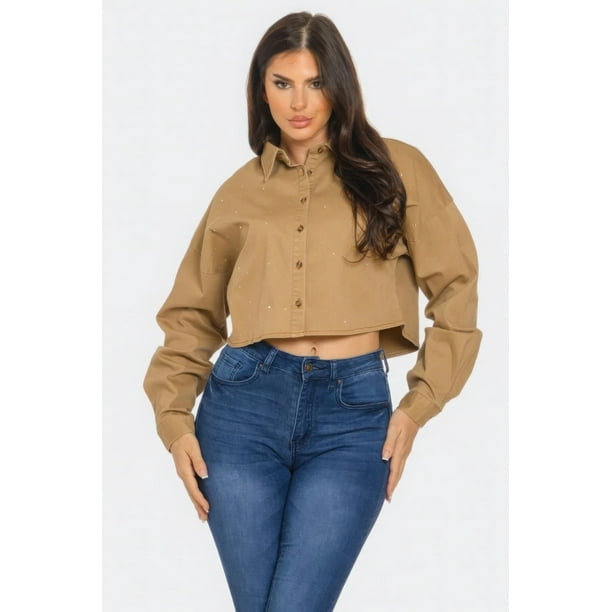 Saronite Camisa de Algodón de Manga Larga con Cuello Abotonado y Diseño de Mezclilla con Brillo, Color Topo (para Mujer)