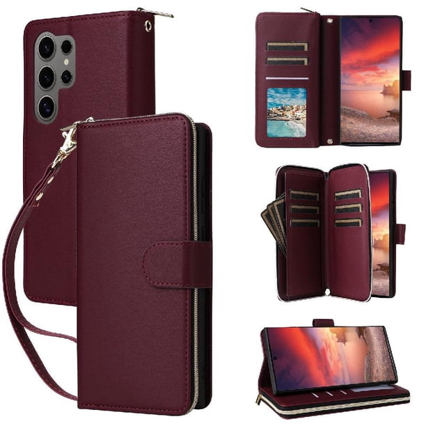 Funda Cartera con Cremallera y Correa para Samsung Galaxy S25 Ultra Soporte y Tarjetero Rojo