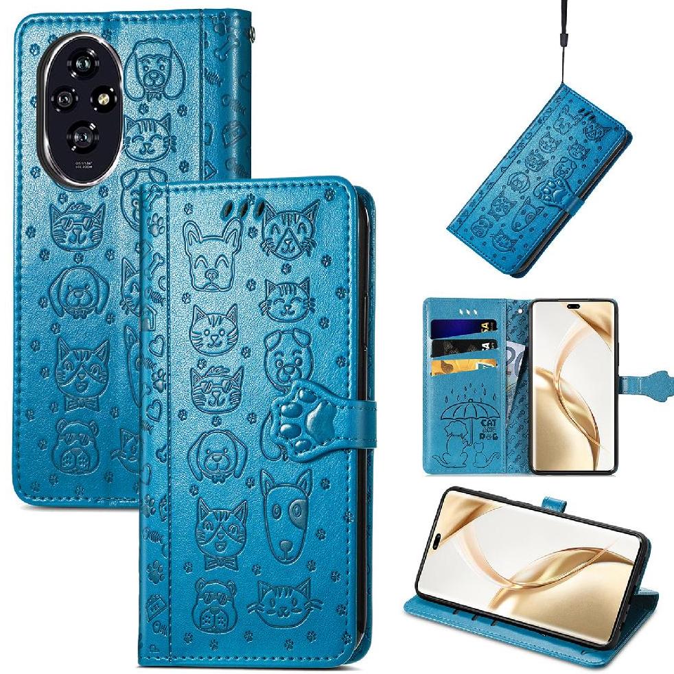 Funda Cartera Foxdock Para Honor 200 Pro , Flip Pu Con Relieve De Gatos Y Perros, Tarjetero Y Soporte
