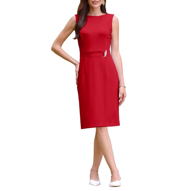 INSPIRE CHIC Vestido lápiz sin mangas con cuello barco y falso envoltorio para mujer, para oficina, largo hasta la rodilla, XL Rojo