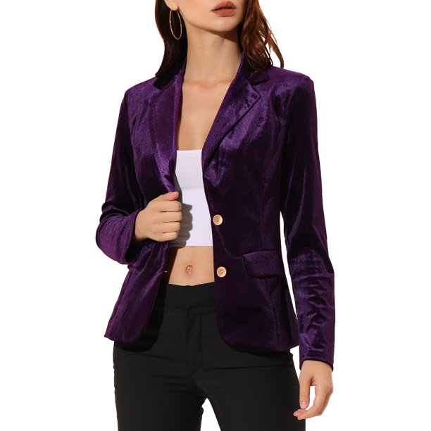 INSPIRE CHIC Chaqueta de trabajo para mujer de regreso a clases, atuendo de maestra, blazer de terciopelo vintage con solapa con muescas, botones al frente, XS, púrpura