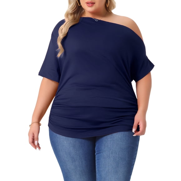 Agnes Orinda Mujeres Tallas Grandes Tops Escolares Universitarios Sólidos de Un Hombro Manga Corta Blusas Casuales 3X Azul Oscuro