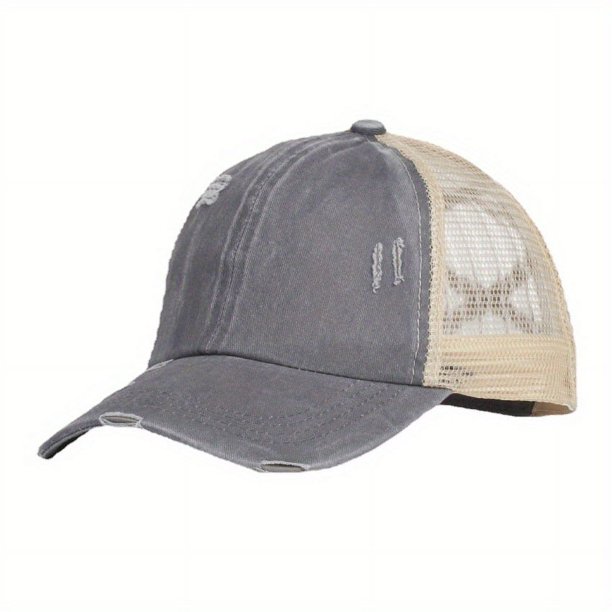 Unisex Washed Baseball Cap: Distressed Ripped Criss Cross Ponytail Hat - Adjustable Casual Style for Men & Women