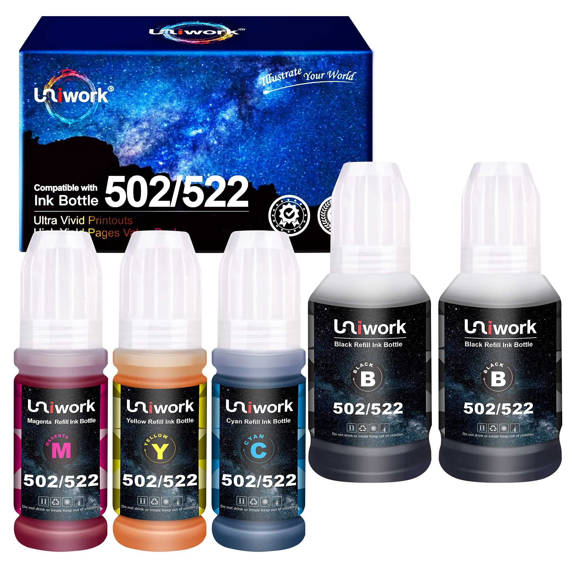 Botellas De Tinta Uniwork 502 De Repuesto Para Epson, Paquete De 5 Unidades, 70 Ml