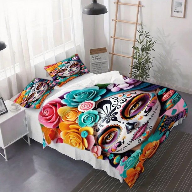 3pcs La Catrina Style Duvet Cover Set - Includes Duvet Cover And Pillowcases Suitable for Year-Round Bedroom And Dorm Decor
