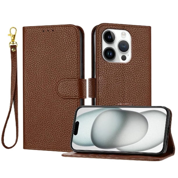 Funda Cartera para iPhone 16 Pro Tarjetero Soporte Magnético y Correa Marrón