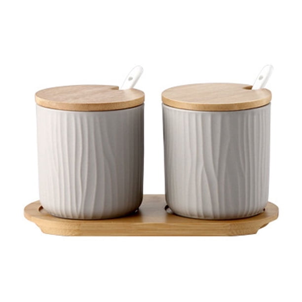 Juego de 2 tarros de especias de cerámica OnePine, azucarero de cerámica con cuchara y tapa de bambú para té, azúcar, sal y especias en casa y en la cocina.