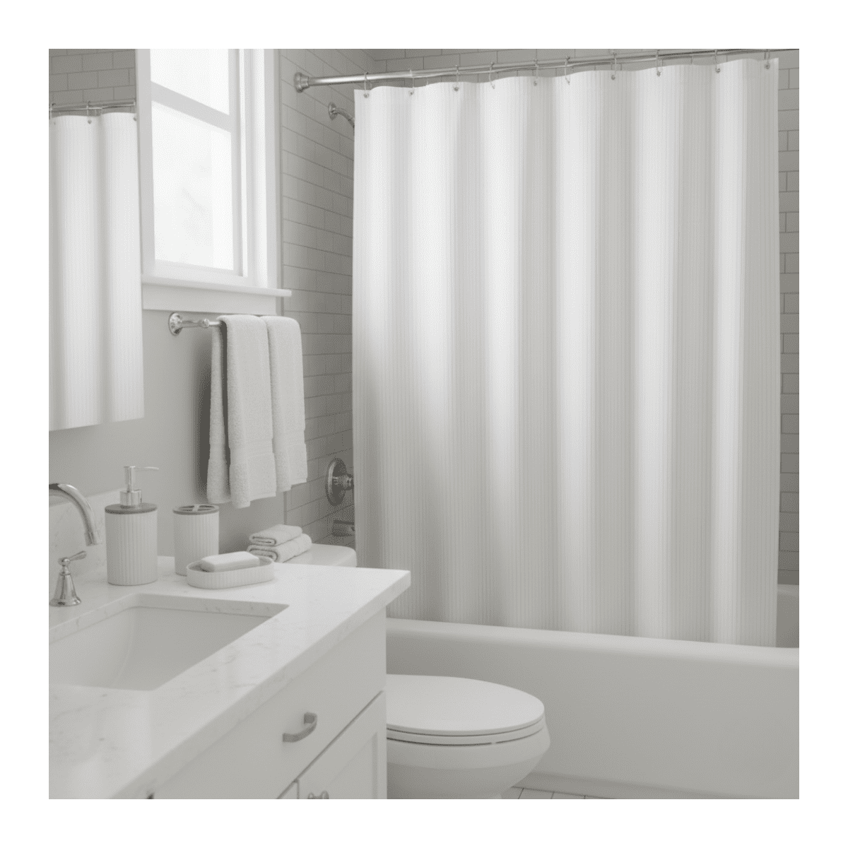 Genérico - Juego Accesorios Set De Baño 6 Piezas Bambú Cepillo Wc Blanco + Cortina De Obsequio