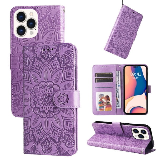 Funda tipo cartera FOXDOCK para iPhone 14 Pro Max , diseño girasol en relieve, cuero PU, cierre magnético, soporte y tarjetero