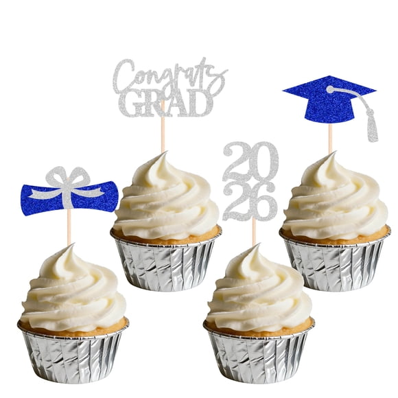 Decoraciones para Cupcakes de Graduación SakFestivo 36 PCS Plata y Azul