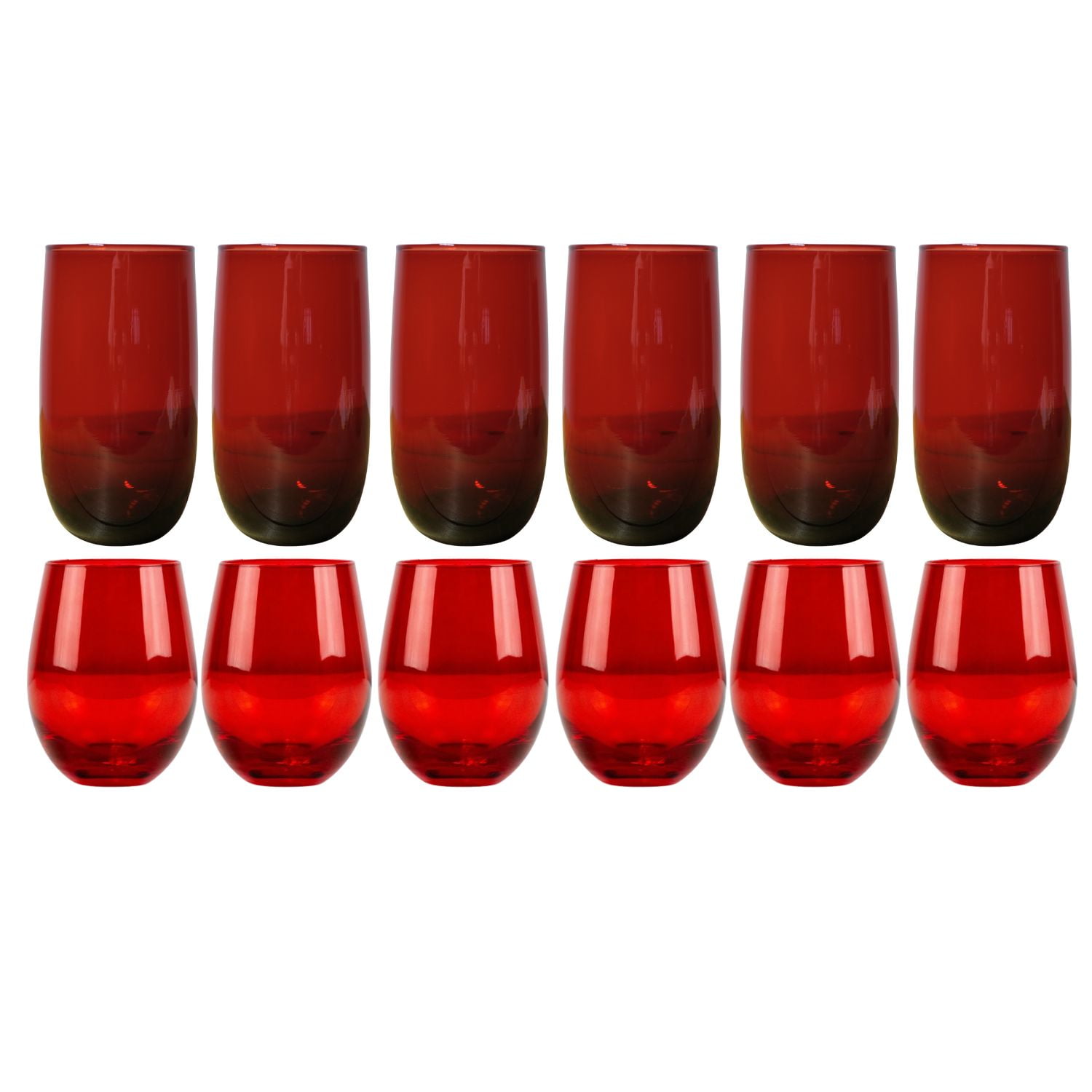 Set 12 Vasos Vidrio Altos Y Bajos Full Color Rojo Allegra