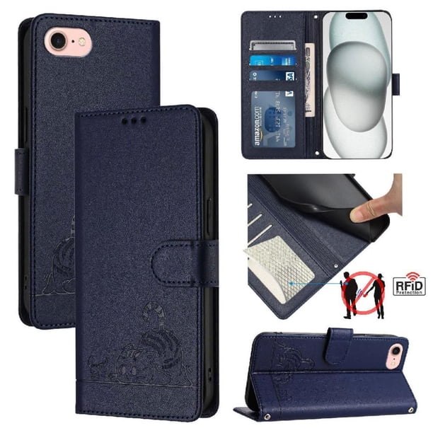 Funda tipo cartera FOXDOCK para iPhone 8/7/6 con soporte, ranuras, RFID, diseño de gato