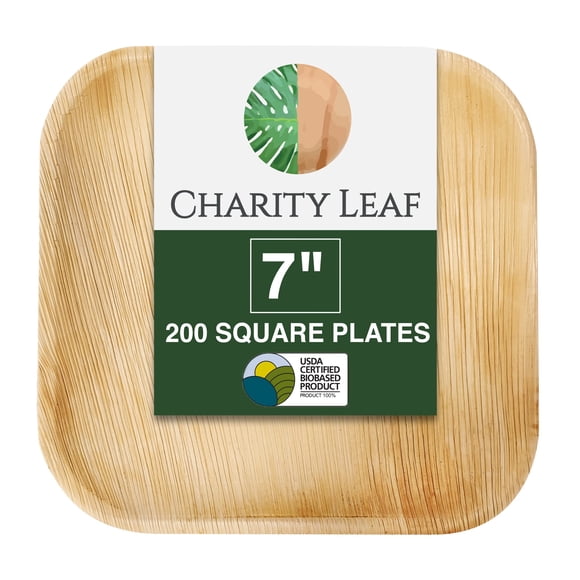 Platos desechables Charity Leaf de hoja de palma, cuadrados de 7" , paquete de 200, ecológicos
