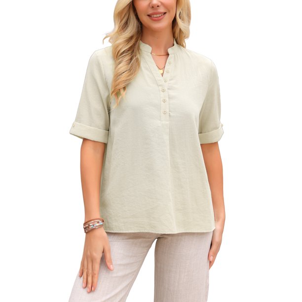 INSPIRE CHIC Camisas de Mujer con Botones de Algodón de Manga Corta Tops Cuello en V Elegante Casual Ajuste Suelto Túnica Blusas de Trabajo S Albaricoque