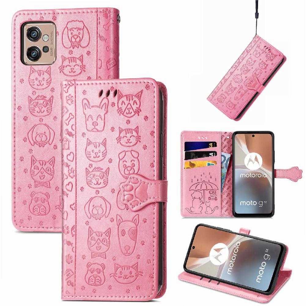 Funda Cartera Foxdock Para Moto G32 , Flip Pu Con Relieve De Gatos Y Perros, Tarjetero Y Soporte