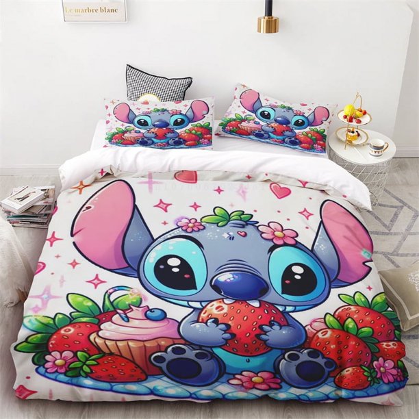 Duvet Cover Cute Cartoon Stitch Eating Strawberries Children's Adult Bedding Set One Duvet Cover Two Pillowcases Single Double