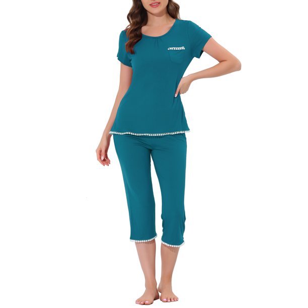 INSPIRE CHIC Conjunto de Pijama de Mezcla de Rayón para Mujer, Camiseta de Manga Corta Suave con Pantalones Capri de Cintura Elástica, Ropa de Dormir para Primavera Verano M Verde Pavo Real