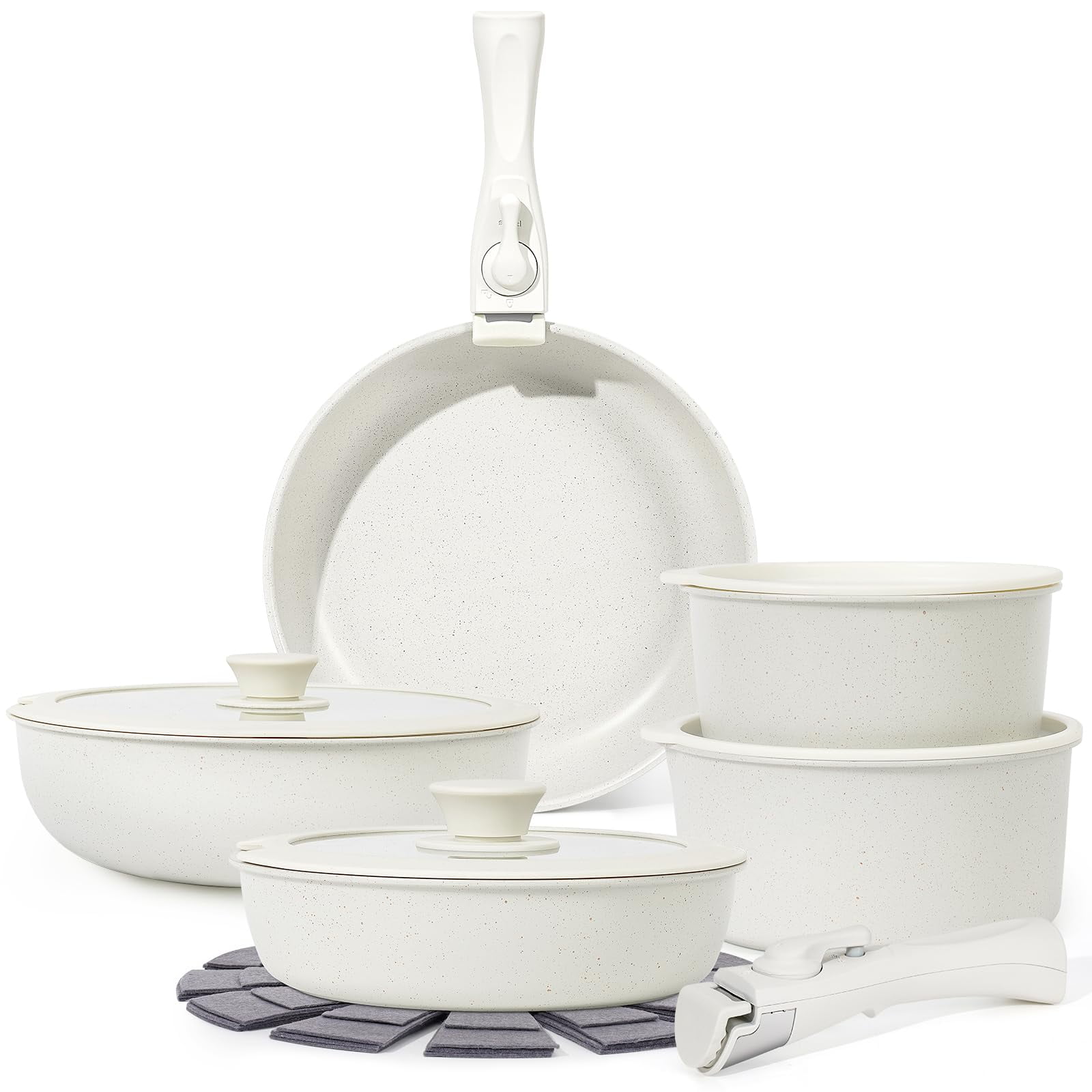 Juego De Utensilios De Cocina Soday, 15 Unidades, Antiadherentes Con Mango Desmontable, Color Blanco