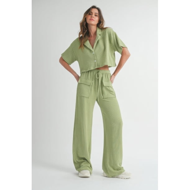 Saronite Conjunto de Camiseta de Manga Corta de Punto Acanalado con Botones y Pantalón con Cordón Ajustable, Color Salvia (para Mujer)