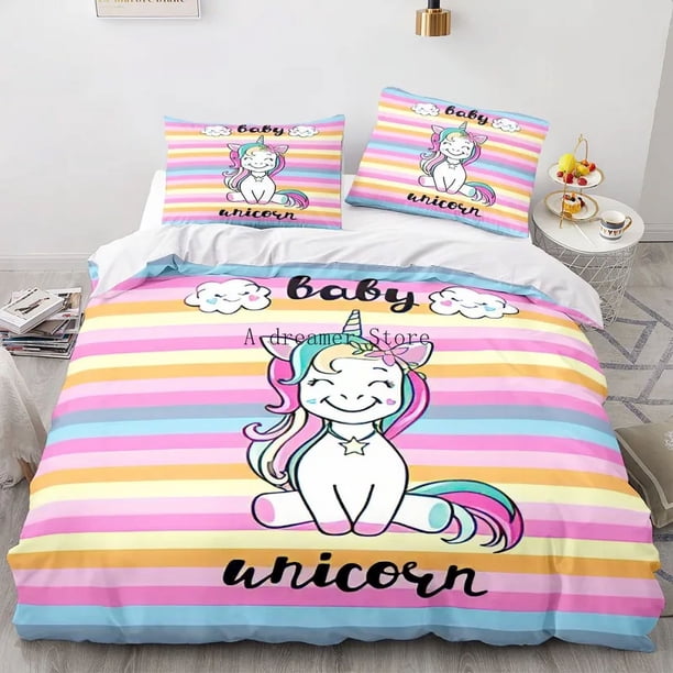 x696 Bed SheetsKids Duvet Cover Cartoon Unicorn Bedding Set For Children Baby Crib Duvet Cover Set Pillowcase Lovely Bed Linens 3-Piece Bedding Set (1 Duvet Cover + 2 Pillow Shams) nj696